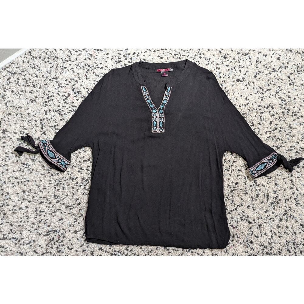 Rock &‎ Roll Cowgirl Black Embroidered Tie-Sleeve Peasant Blouse Size M